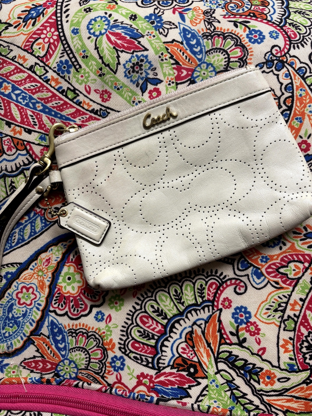 Coach White Perforated Leather Wristlet with Gold Hardware